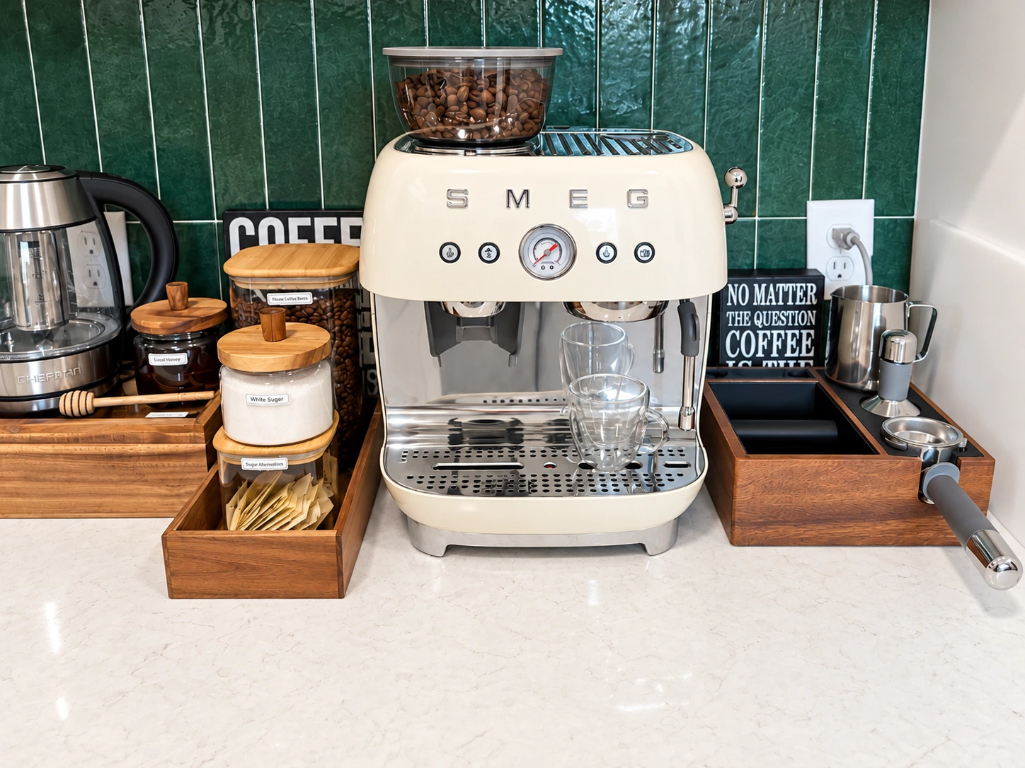 Cream SMEG espresso machine with glass mugs and coffee accessories at Cunningham Cottage