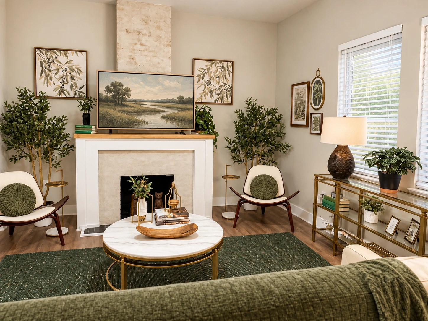 Cunningham Cottage living room with lounge chairs, green rug and marble-top coffee table