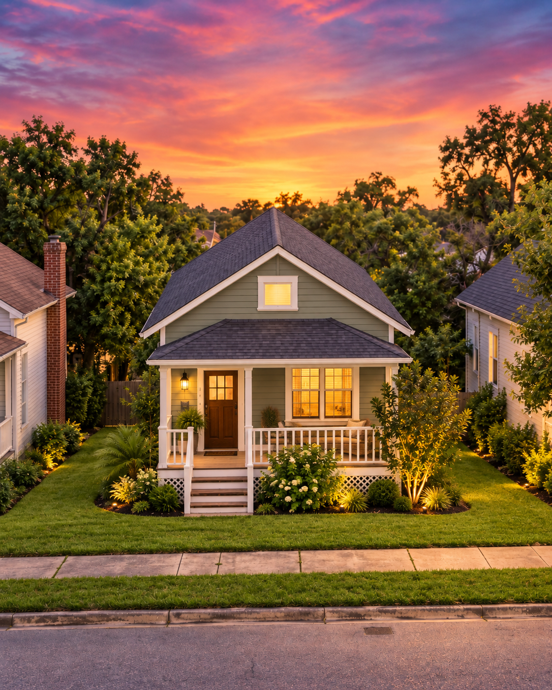 The Palmetto, a sage green cottage with a white front porch on East Chase Street