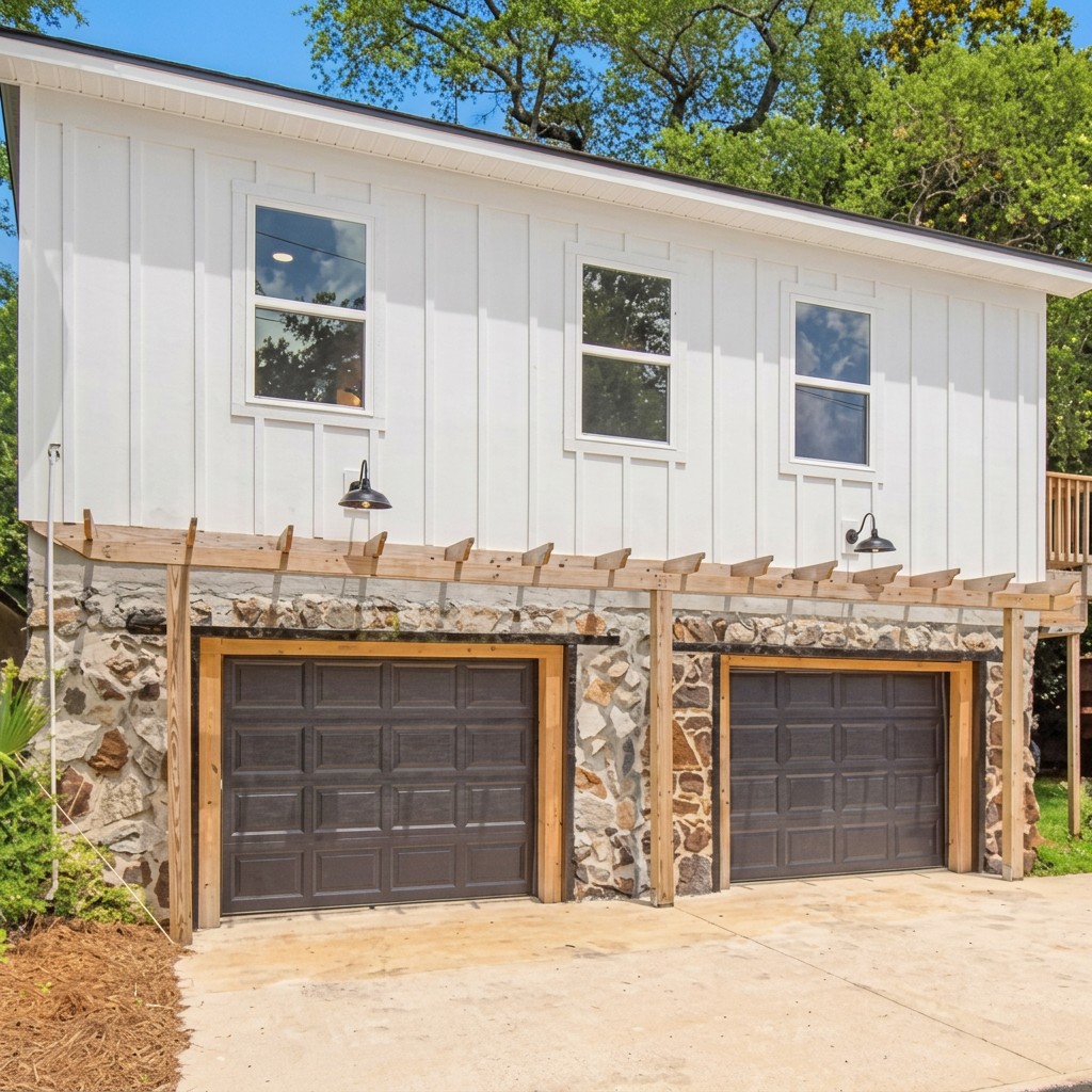 The Cunningham Carriage House above its two-car garage, seen straight on from the driveway