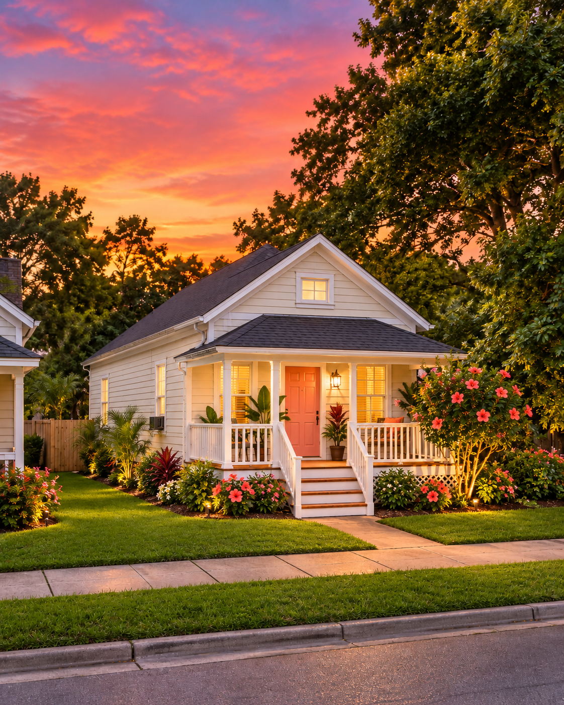 The Hibiscus, a cream cottage with a coral front door and hibiscus blooms on East Chase Street