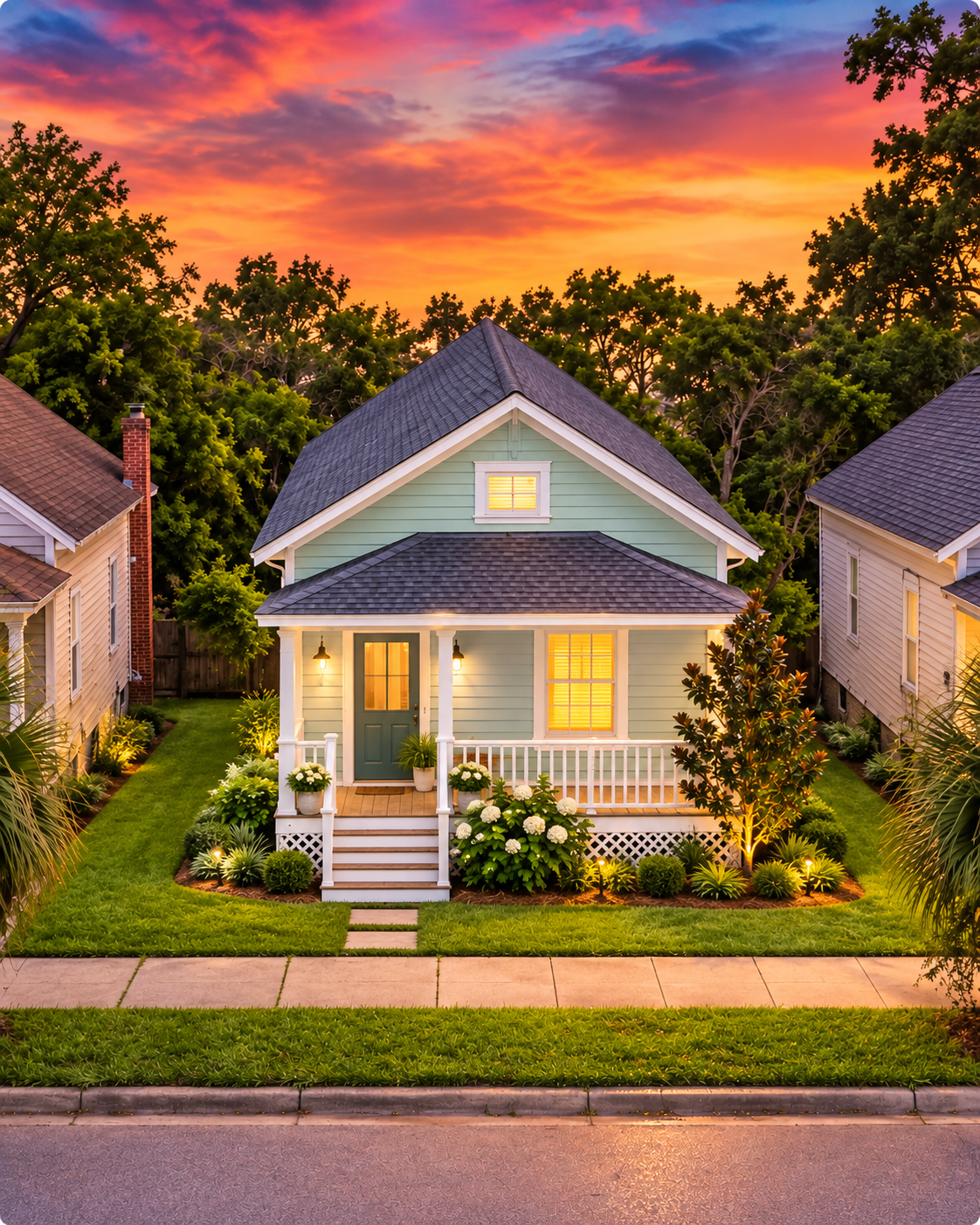 The Sea Glass, a soft sea glass green cottage with a white porch and magnolia on East Chase Street