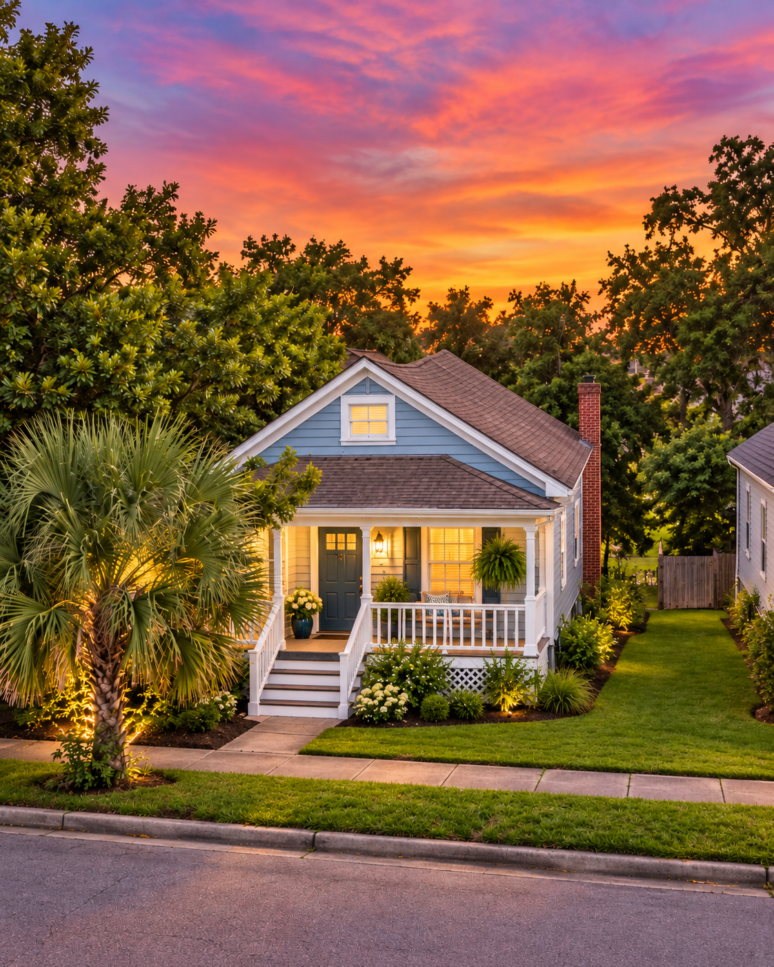The Azure Tide, a blue cottage with a white front porch on East Chase Street