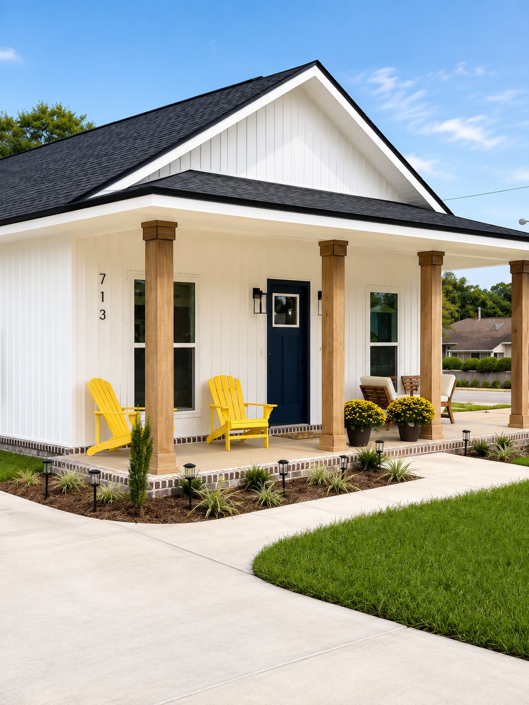 Angled view of the cottage front porch with cedar columns and yellow Adirondack chairs