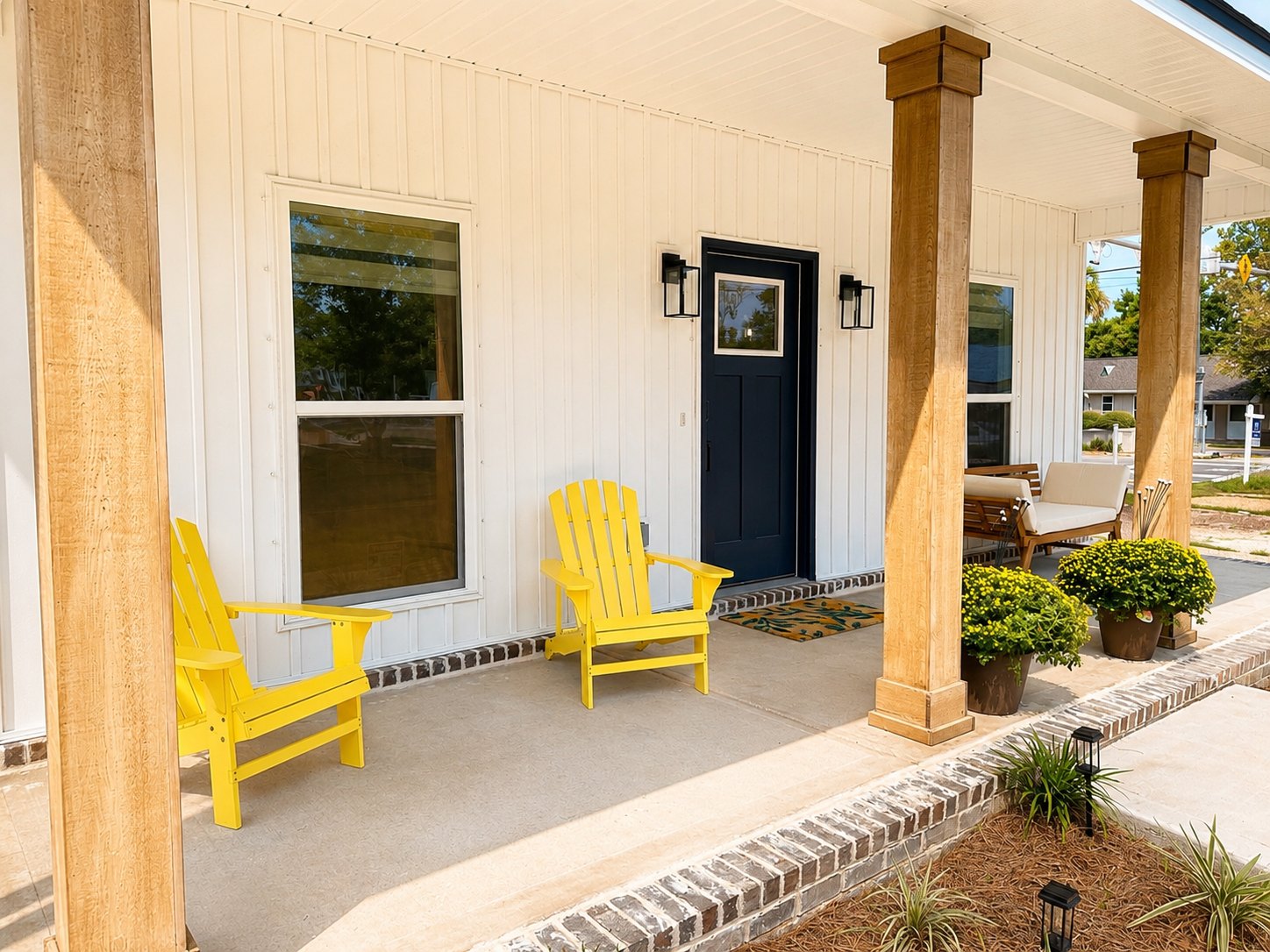 Covered front porch with yellow Adirondack chairs and a navy front door