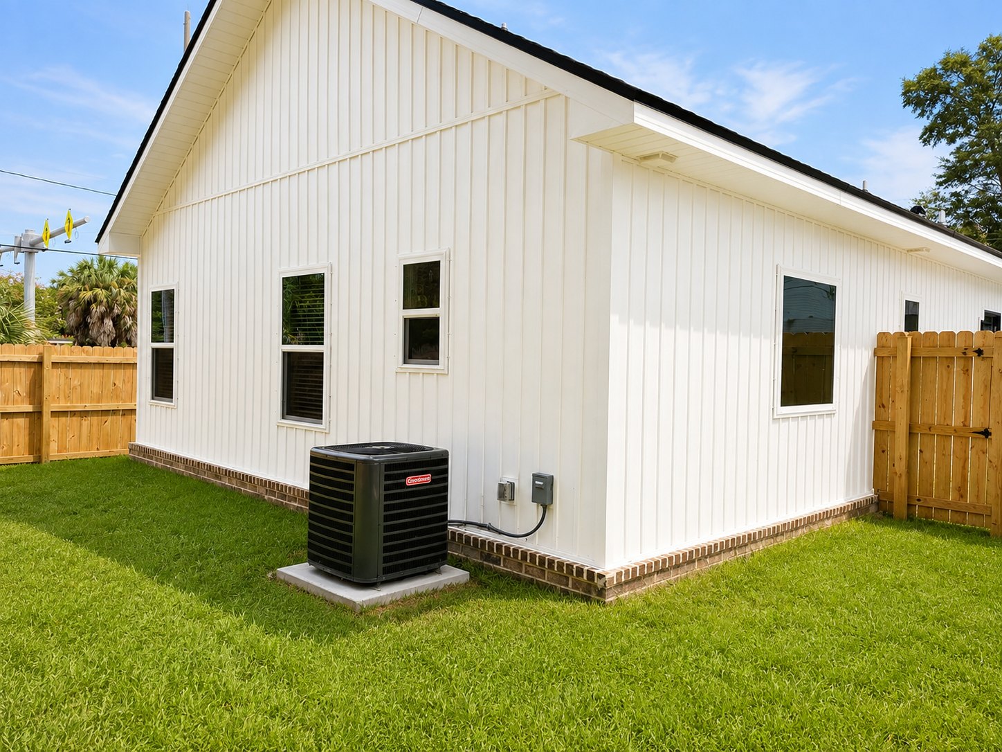 Side of the home with fenced yard and manicured lawn