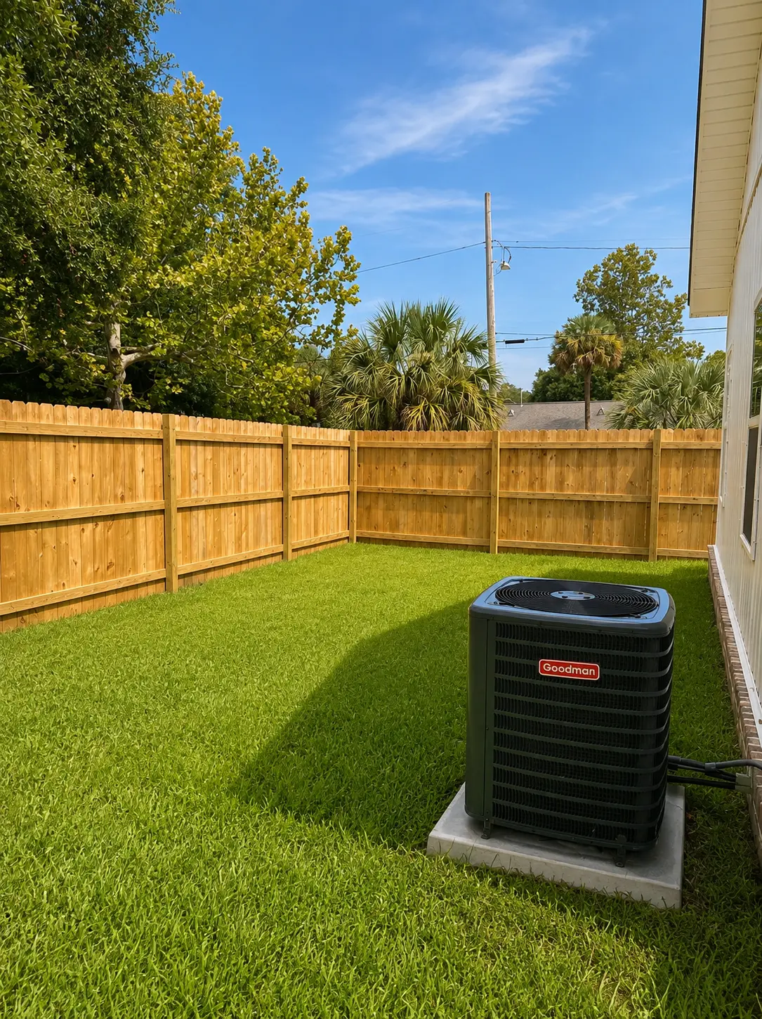 Fully fenced backyard with new privacy fence and green lawn