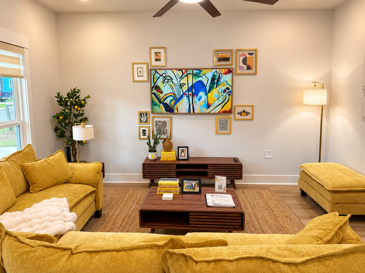 Living room seating facing the smart TV, jute rug and walnut coffee table