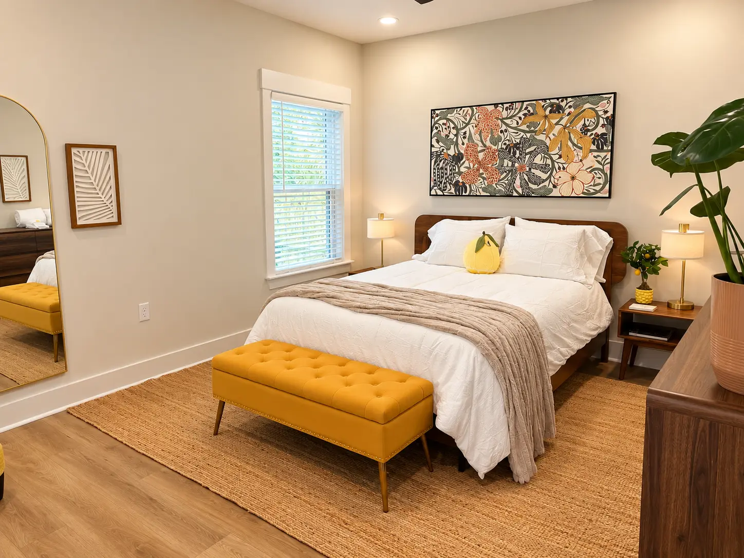 Primary bedroom with queen walnut bed, crisp white linens and a mustard storage bench