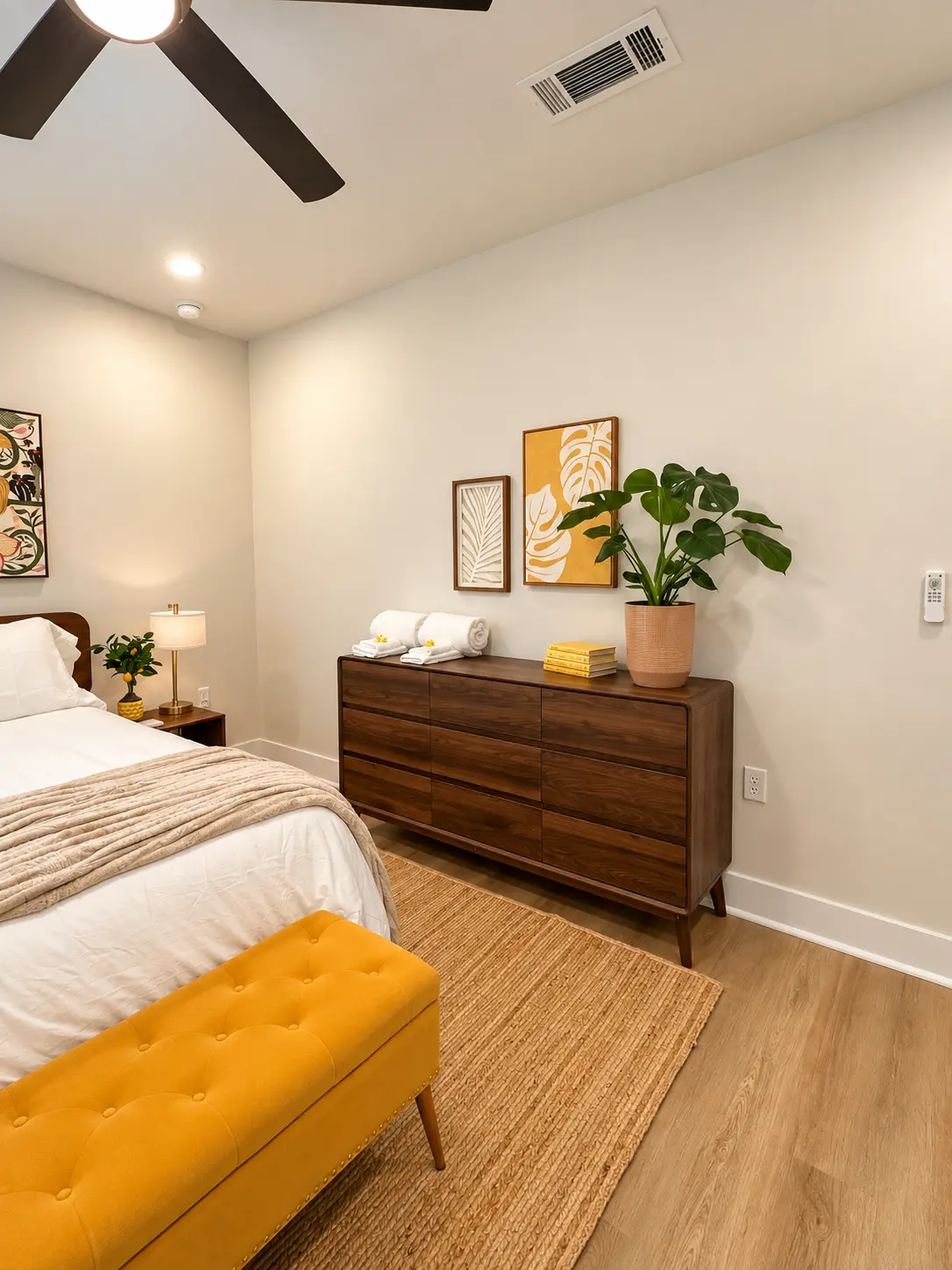 Bedroom dresser with fresh rolled towels, art prints and a monstera plant