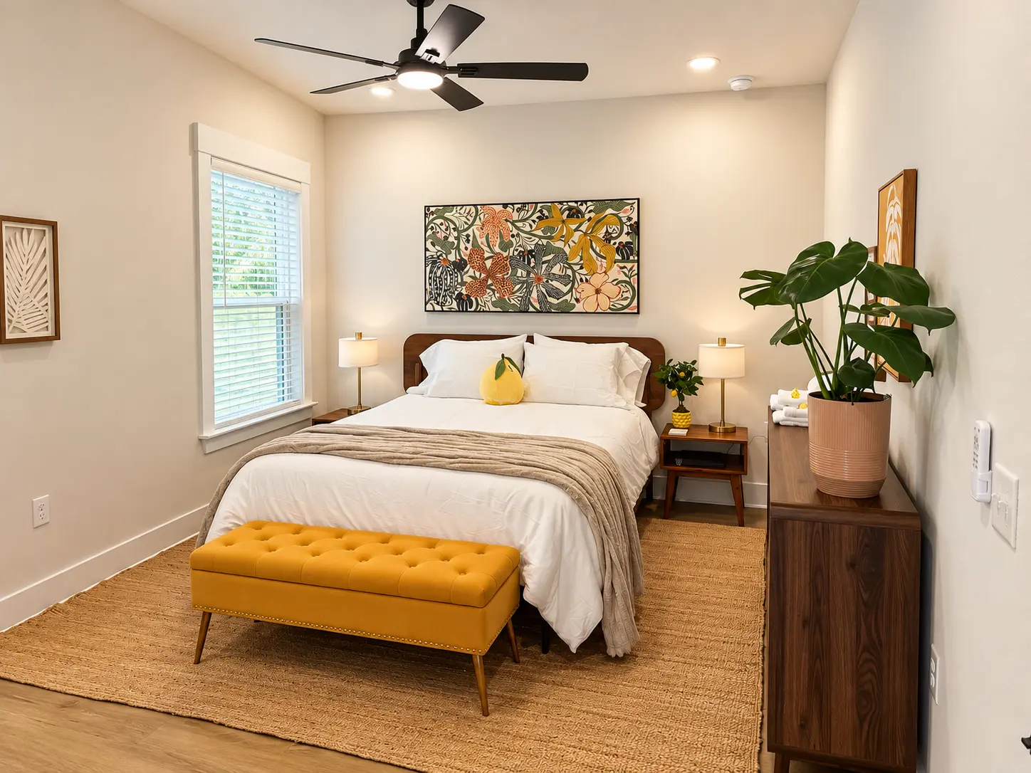Second bedroom with queen bed, botanical artwork and bedside reading lamps