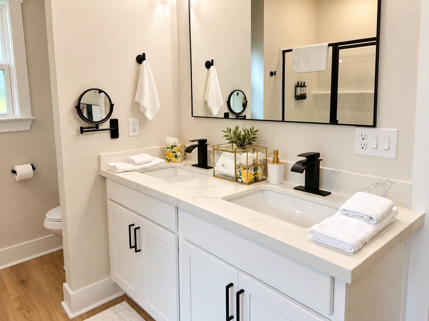 Bathroom with double quartz vanity, matte black fixtures and fresh white towels