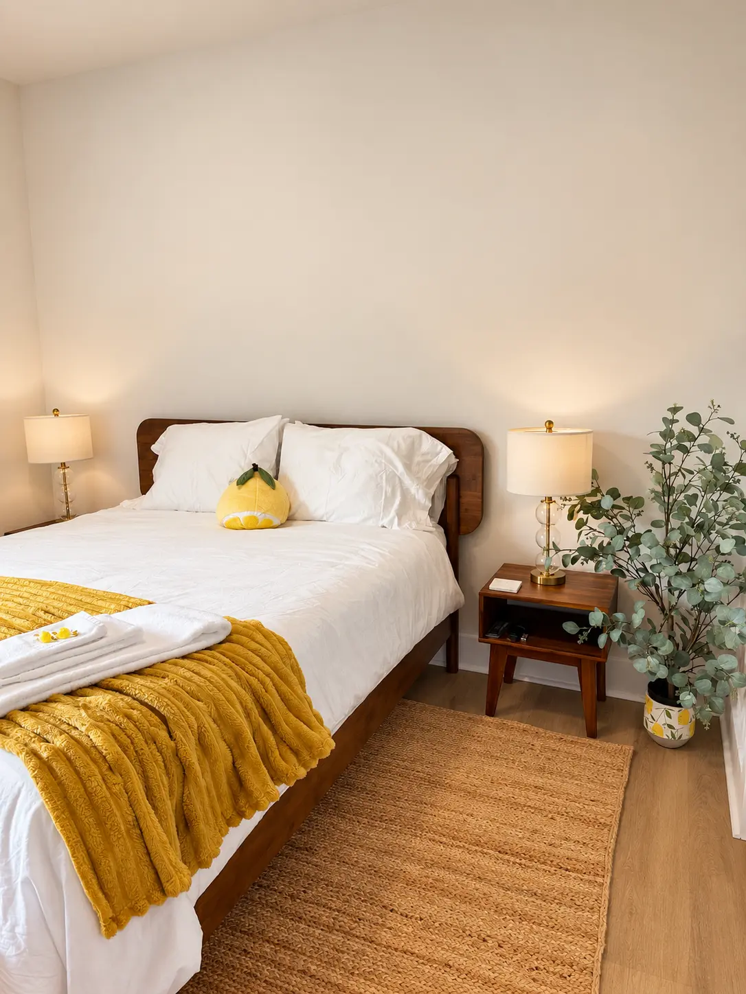 Third bedroom with queen bed, mustard throw and eucalyptus greenery