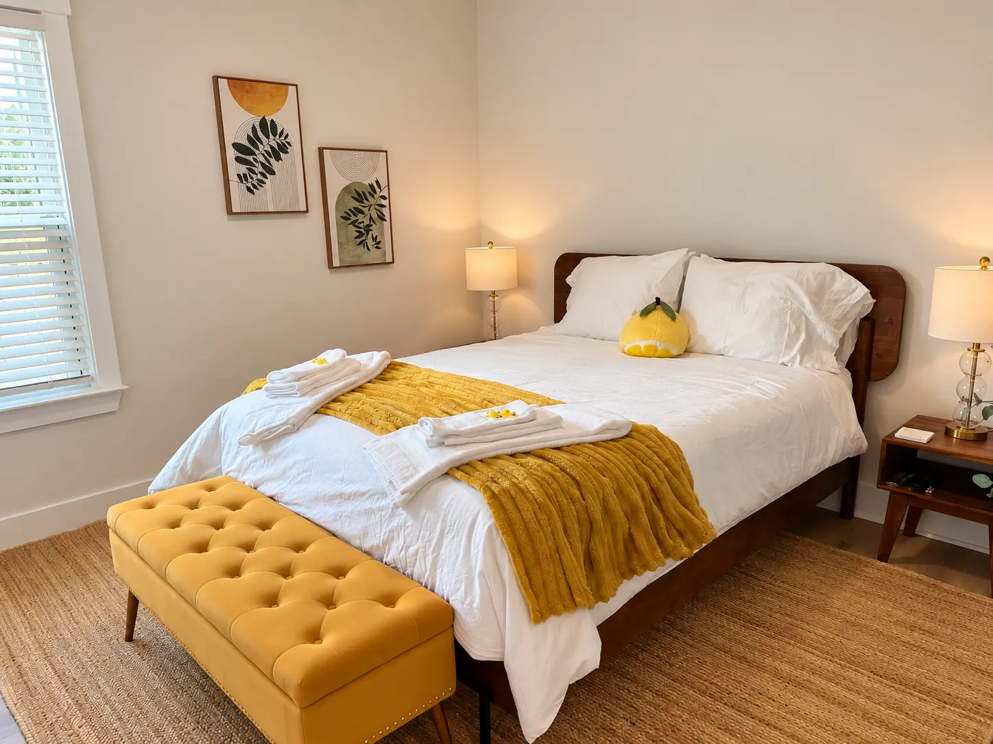Guest bedroom set with fresh towels, mustard throw and framed prints