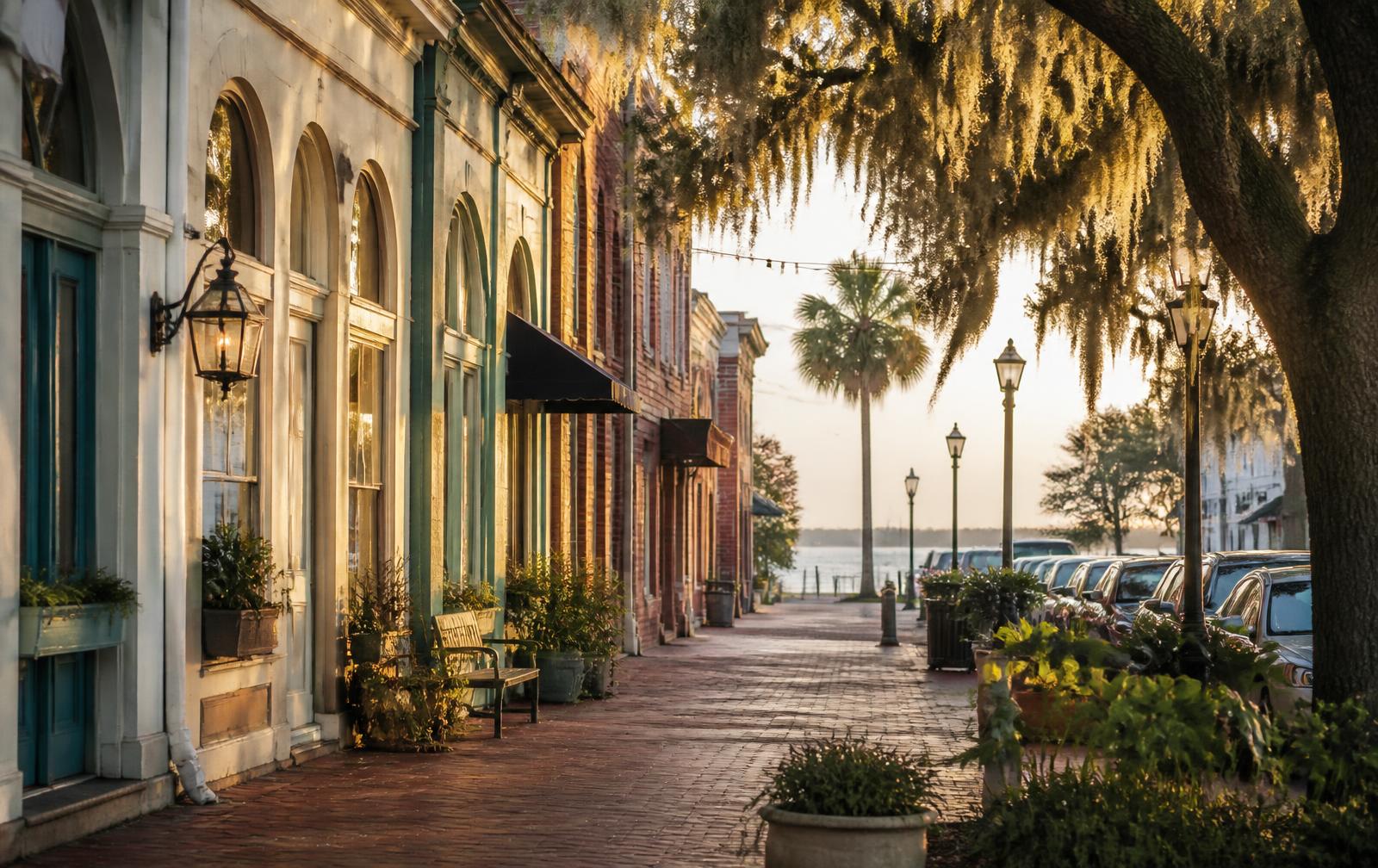 Golden hour on a brick sidewalk in historic downtown Pensacola, Florida