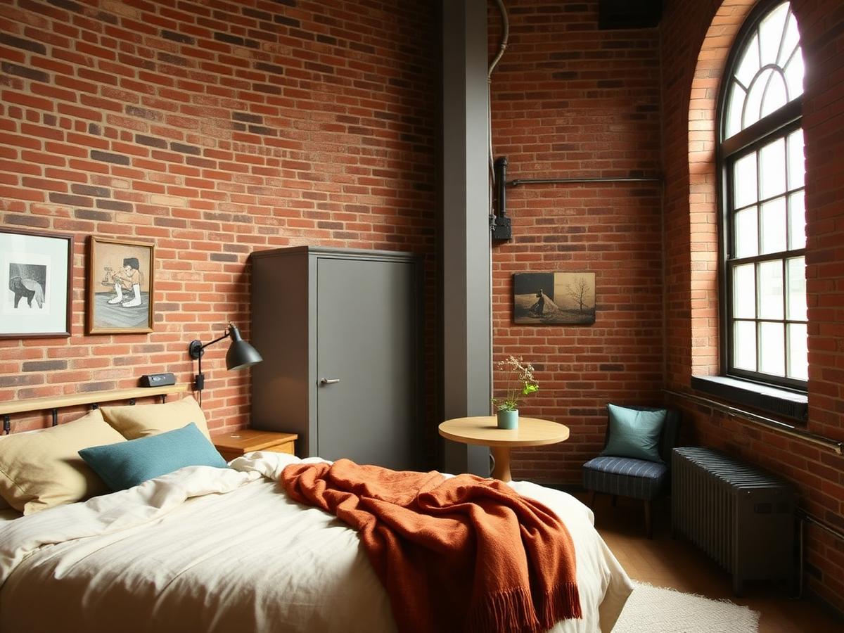 Bedroom of The Palafox Loft, a one-bedroom vacation rental in downtown Pensacola with exposed brick and an arched window