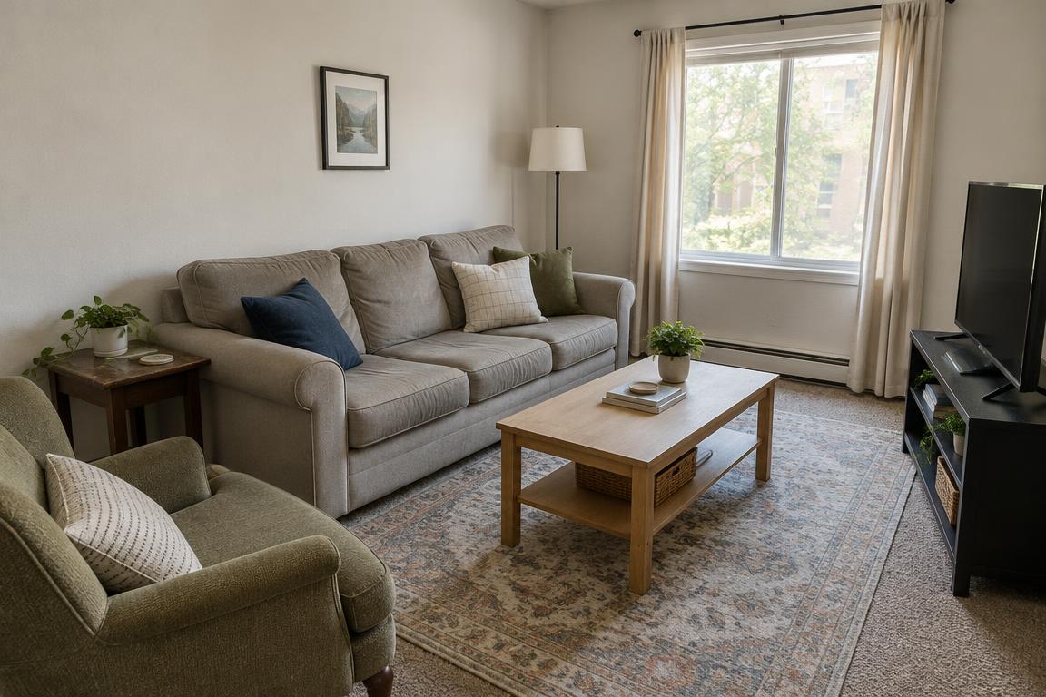 A dated living room furnished with mismatched secondhand pieces