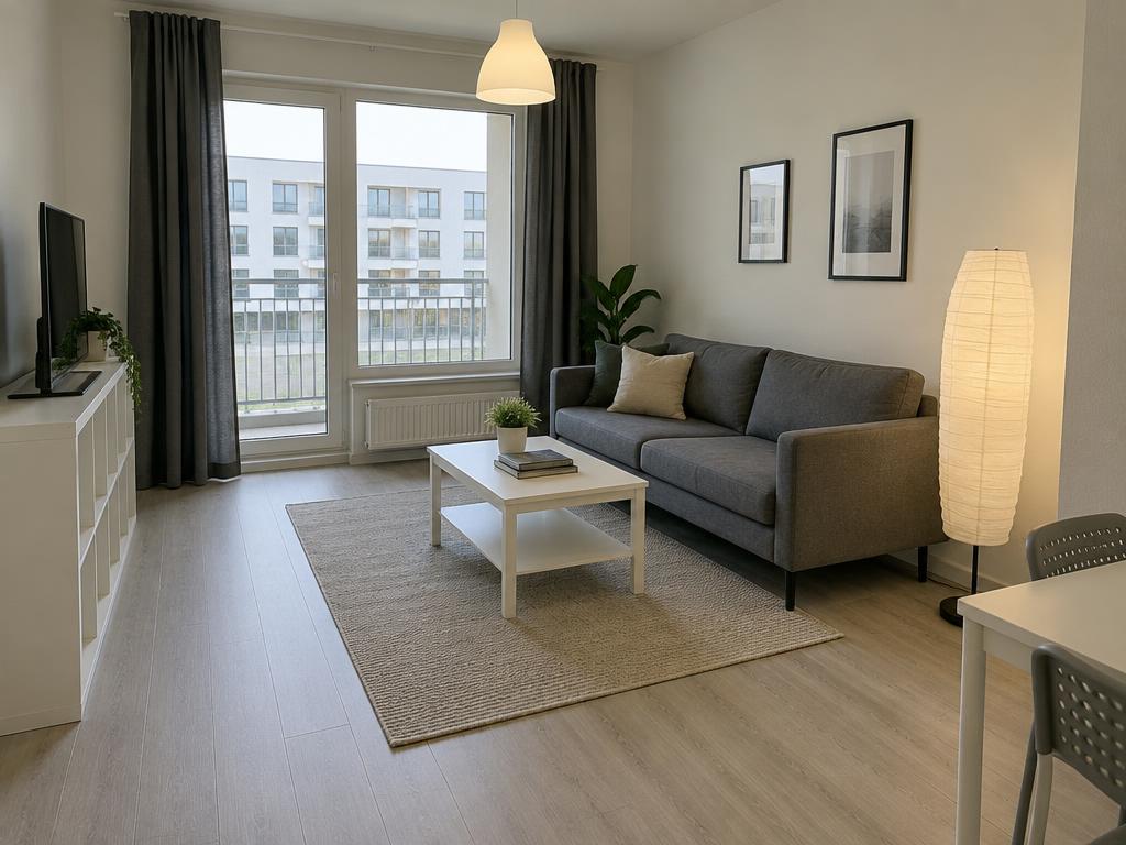 A clean but plainly furnished living room with flat-pack furniture