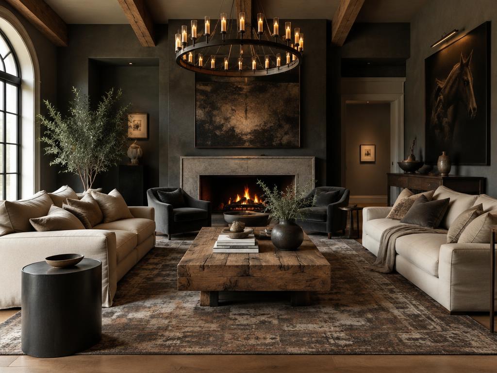 A luxurious designer living room with linen sofas, reclaimed oak, and statement lighting